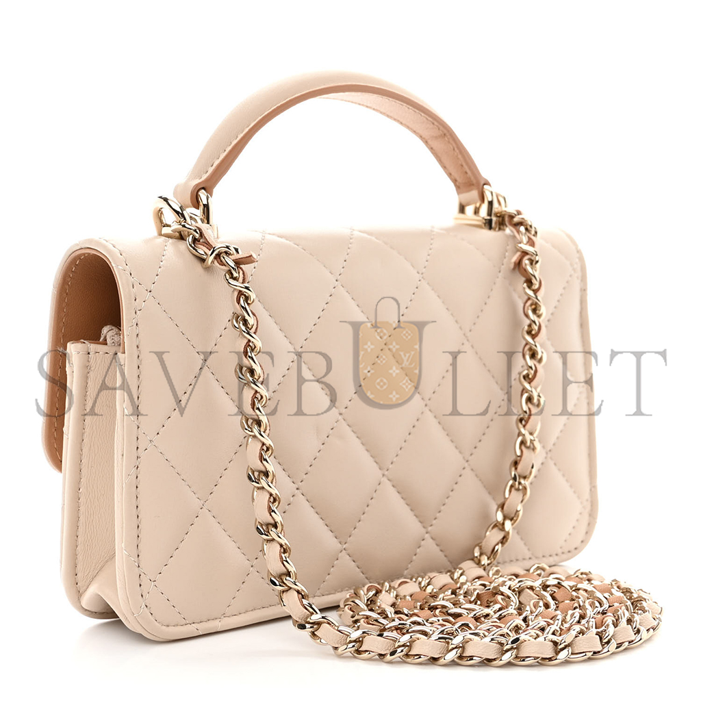 Ch*el master lambskin quilted flap phone holder with chain beige brown ap3226 (17.2*10*3.3cm)